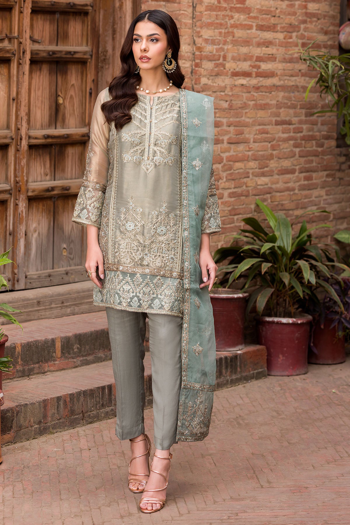 Pakistani Sage Green Embroidered Messori Salwar Kameez (3-Piece) - Image 1