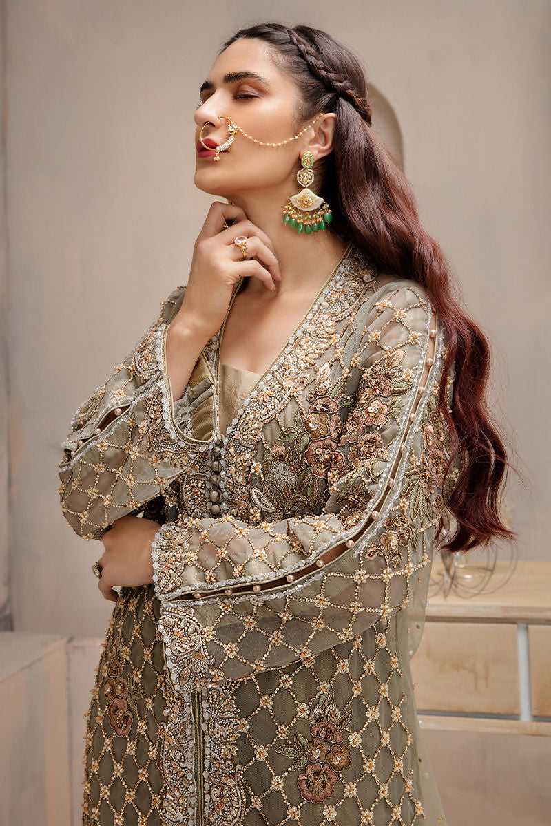 Pakistani Olive Hand-Embellished Net Long Jacket Salwar Kameez (2-Piece) - Image 1