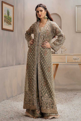 Pakistani Olive Hand-Embellished Net Long Jacket Salwar Kameez (2-Piece) - Image 3