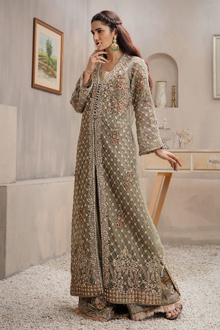 Pakistani Olive Hand-Embellished Net Long Jacket Salwar Kameez (2-Piece) - Image 5