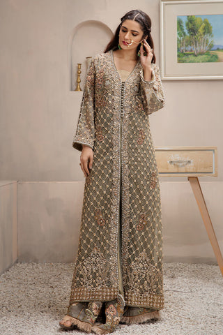 Pakistani Olive Hand-Embellished Net Long Jacket Salwar Kameez (2-Piece) - Image 6