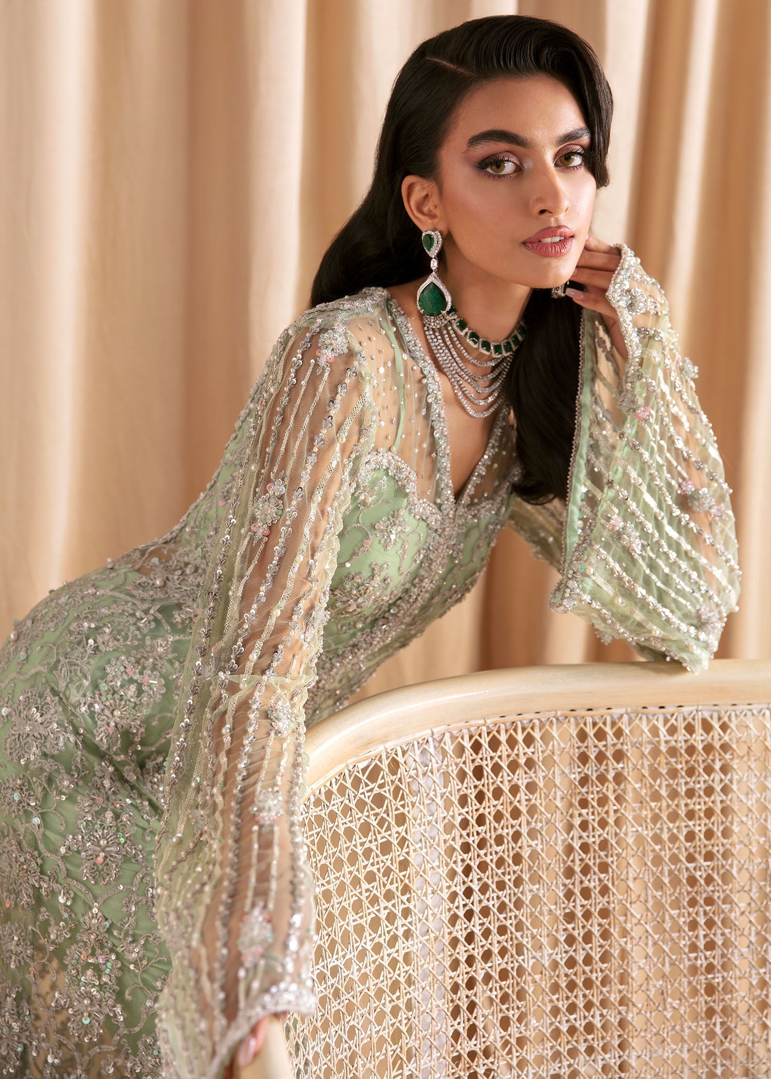 Indian Mint Green Embellished Net Long Shirt (3-Piece) - Image 5