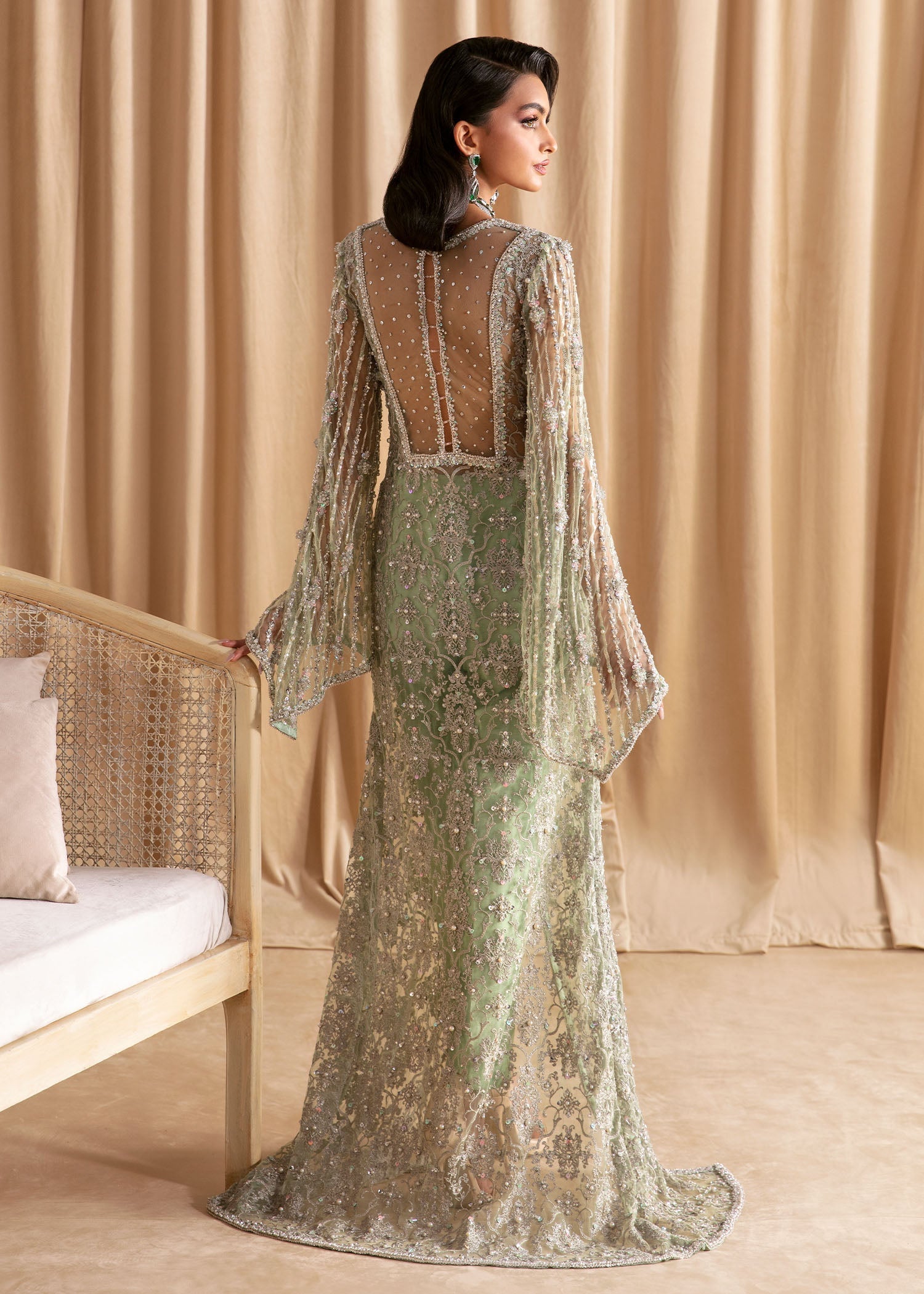 Indian Mint Green Embellished Net Long Shirt (3-Piece) - Image 6