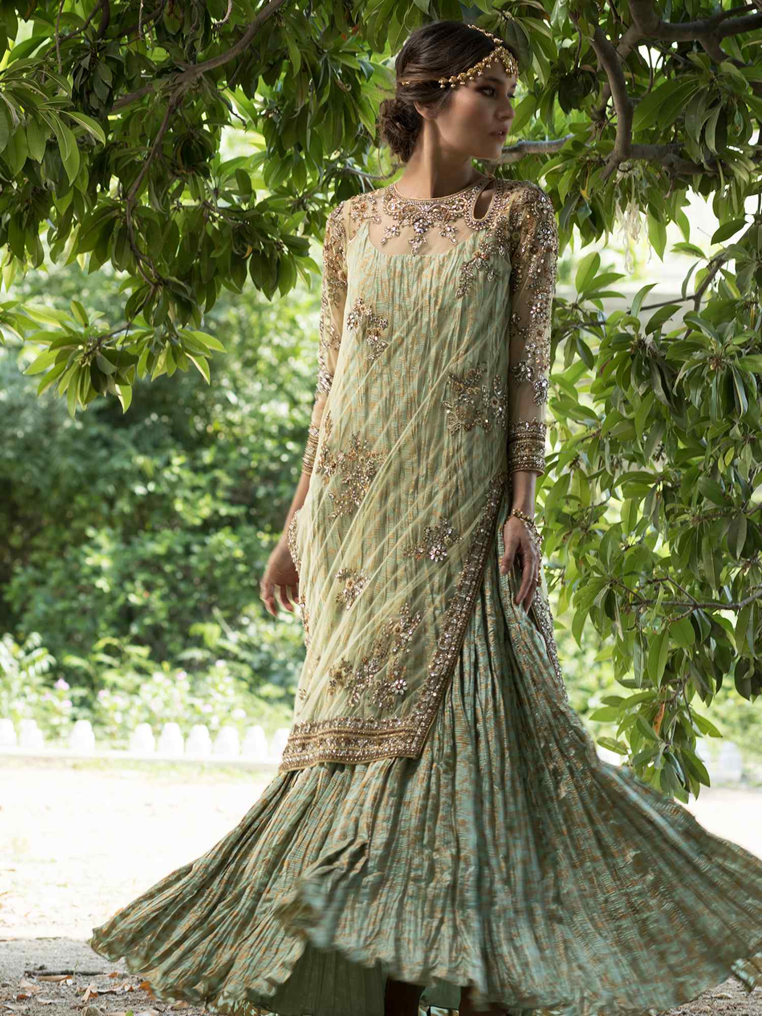 Apple Green Zari Zardozi Net & Brocade Kameez (2-Piece) - Image 1