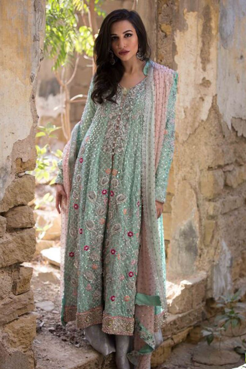Mint & Powder Pink Embroidered Net Dhaka Pajama (3-Piece) - Image 1