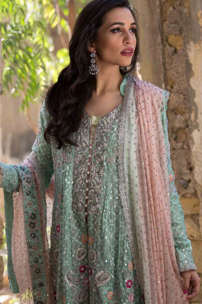 Mint & Powder Pink Embroidered Net Dhaka Pajama (3-Piece) - Image 2