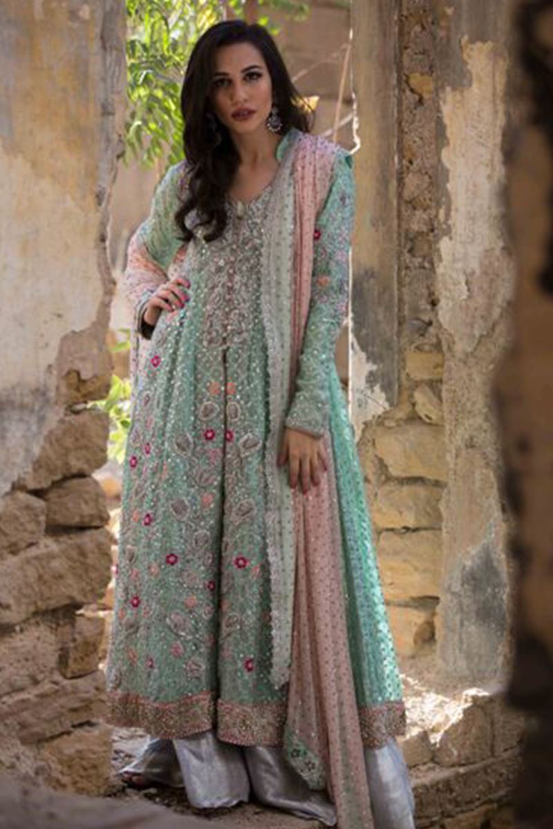 Mint & Powder Pink Embroidered Net Dhaka Pajama (3-Piece) - Image 3