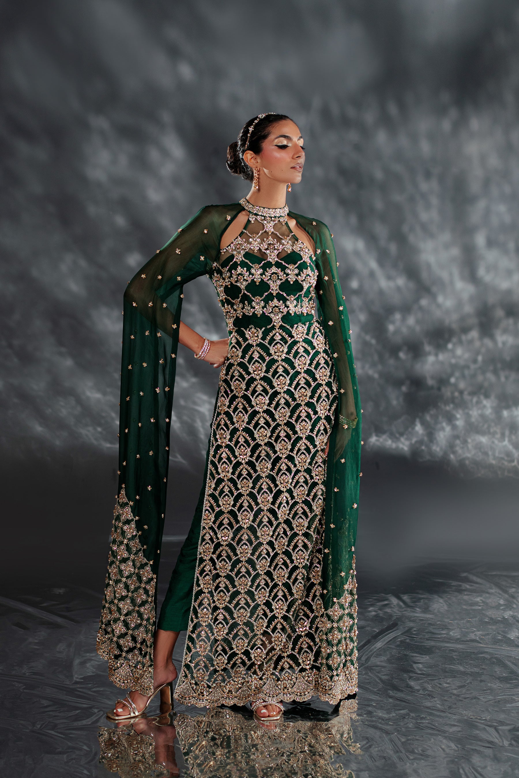 Deep Emerald Embellished Net Salwar Kameez (2-Piece) - Image 1