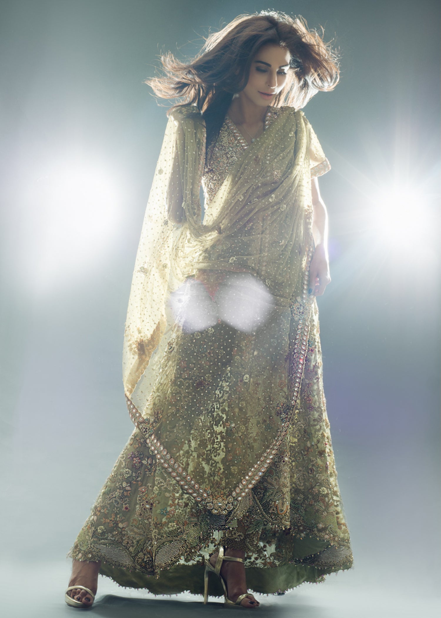 Sage Green Embellished Net Silk Salwar Kameez (3-Piece) - Image 2