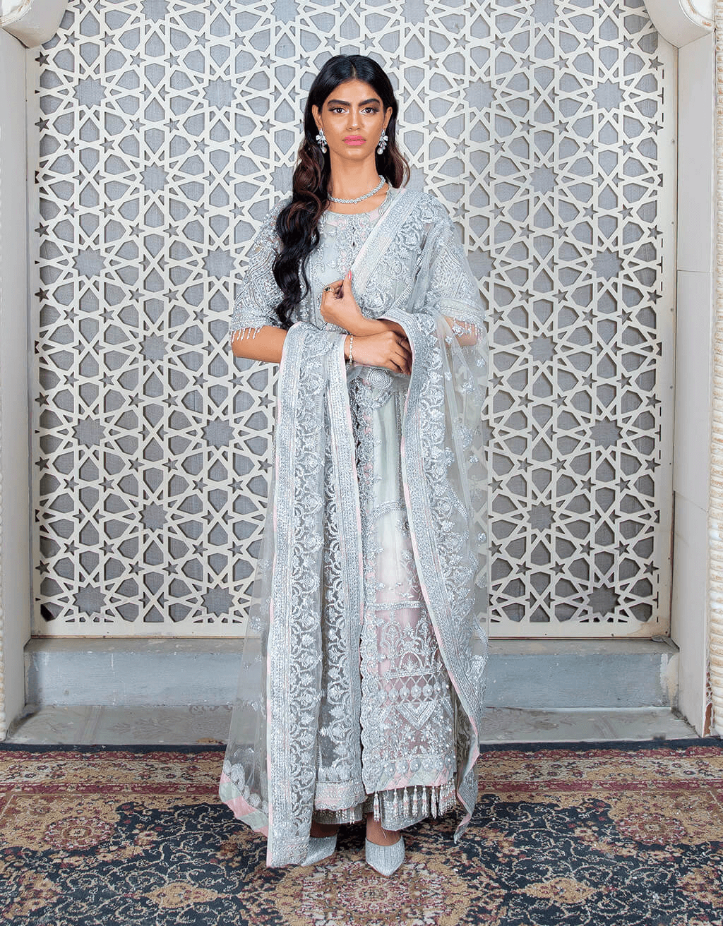 Pakistani Mint Green Embroidered Net Culotte Set (3-Piece) - Image 1