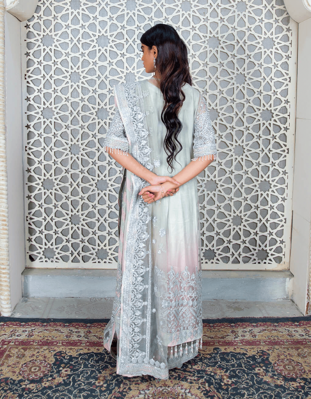 Pakistani Mint Green Embroidered Net Culotte Set (3-Piece) - Image 4