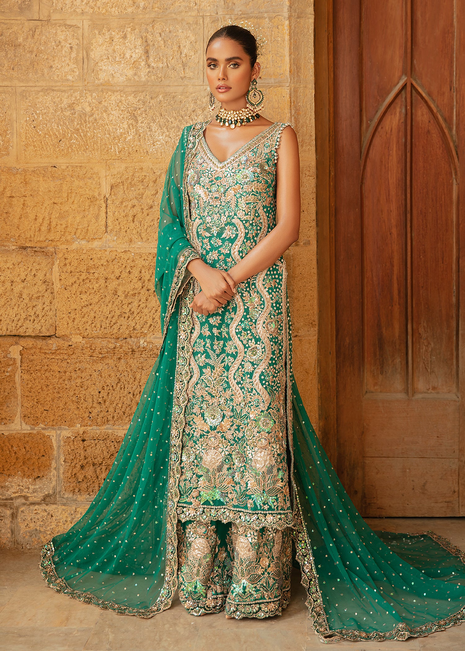 Pakistani Sea Green Embellished Net & Silk Salwar Kameez (3-Piece) - Image 1