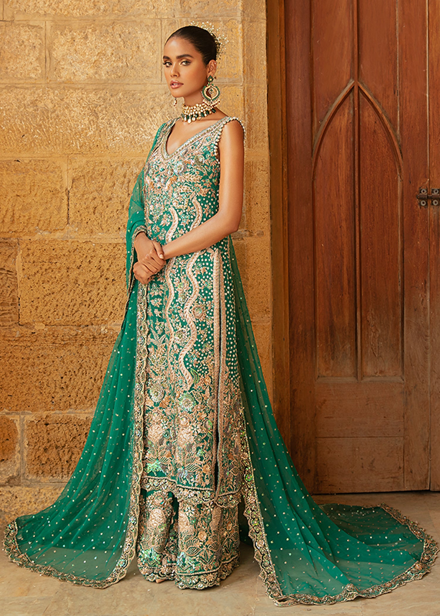 Pakistani Sea Green Embellished Net & Silk Salwar Kameez (3-Piece) - Image 2