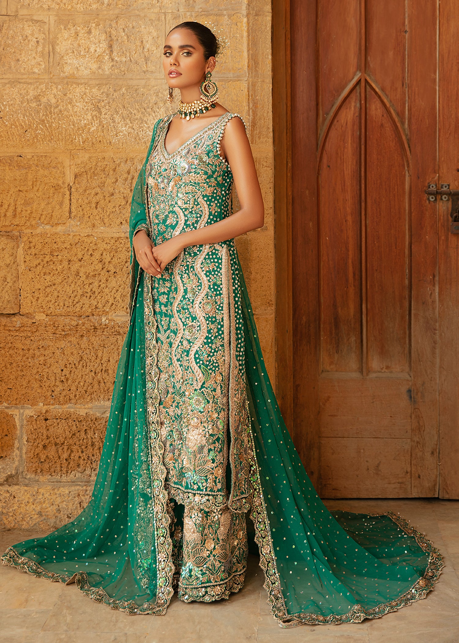 Pakistani Sea Green Embellished Net & Silk Salwar Kameez (3-Piece) - Image 3