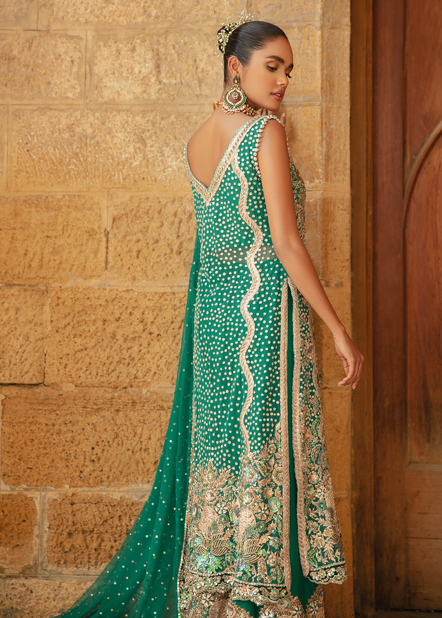 Pakistani Sea Green Embellished Net & Silk Salwar Kameez (3-Piece) - Image 4