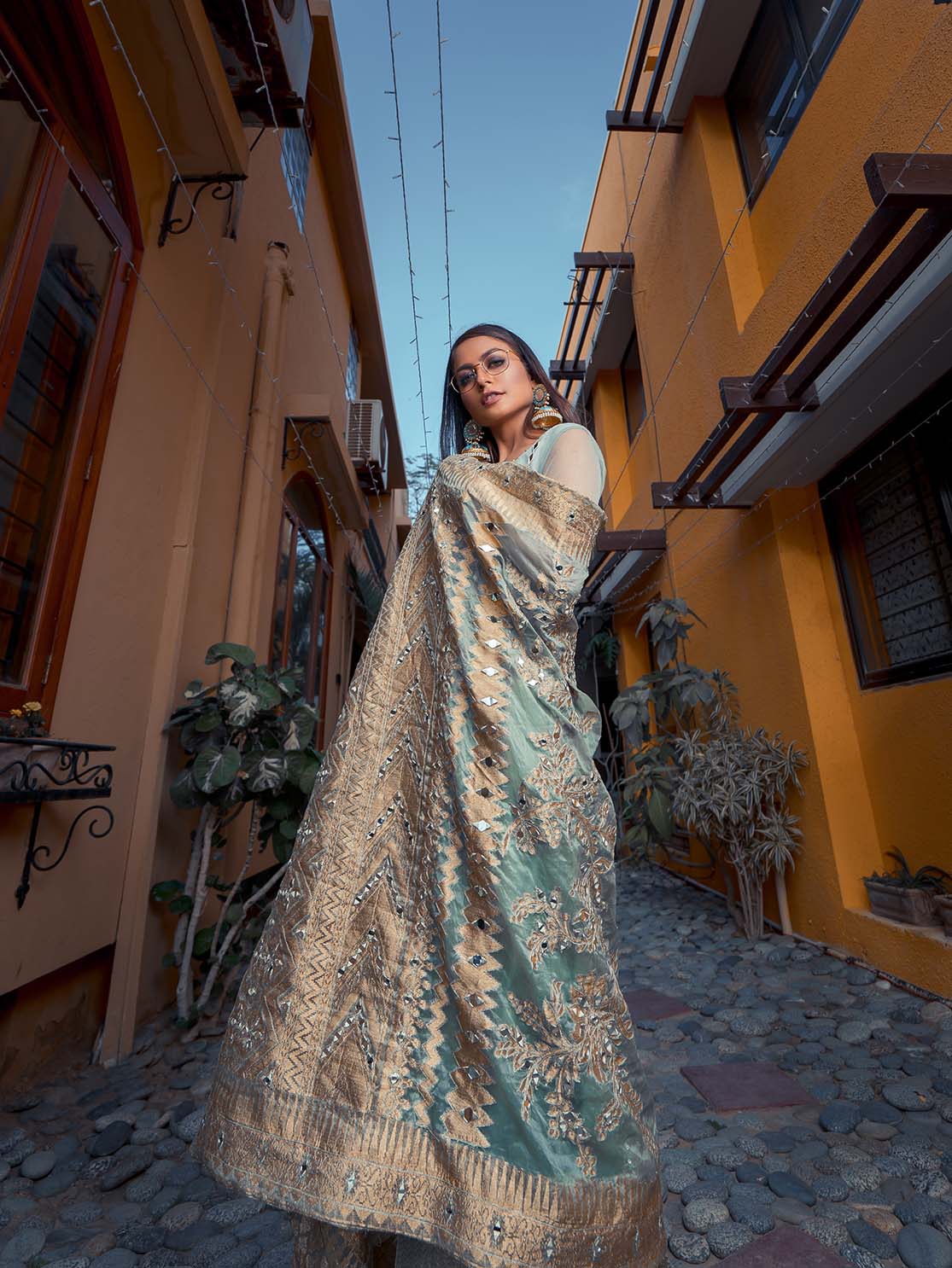 Seafoam Green Embroidered Net Salwar Kameez (3-Piece) - Image 1