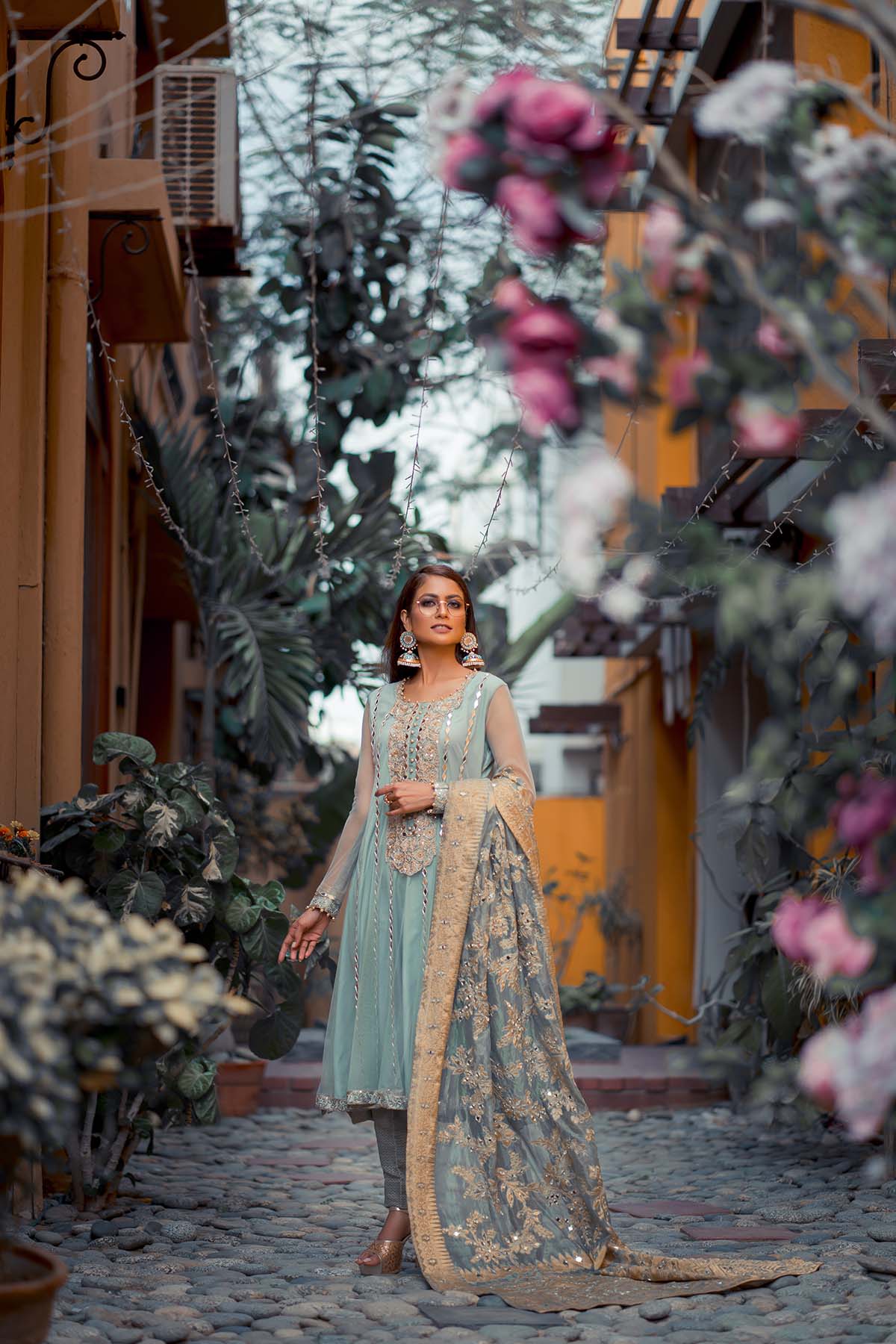 Seafoam Green Embroidered Net Salwar Kameez (3-Piece) - Image 2