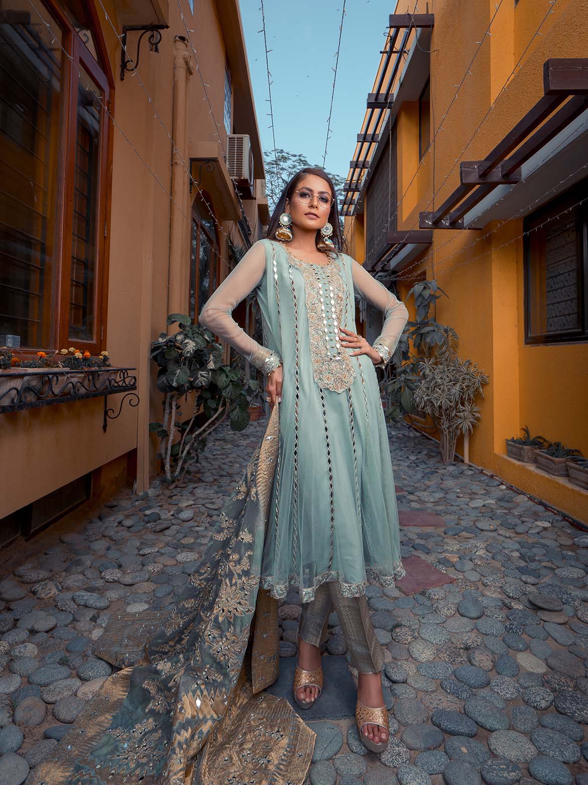 Seafoam Green Embroidered Net Salwar Kameez (3-Piece) - Image 3