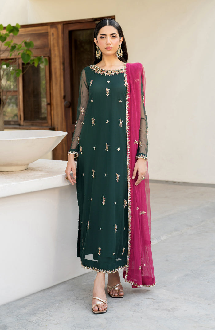 Deep Green Hand-Embellished Net Salwar Kameez (3-Piece) - Image 1