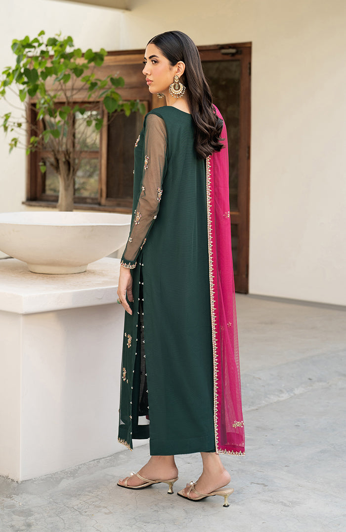 Deep Green Hand-Embellished Net Salwar Kameez (3-Piece) - Image 2