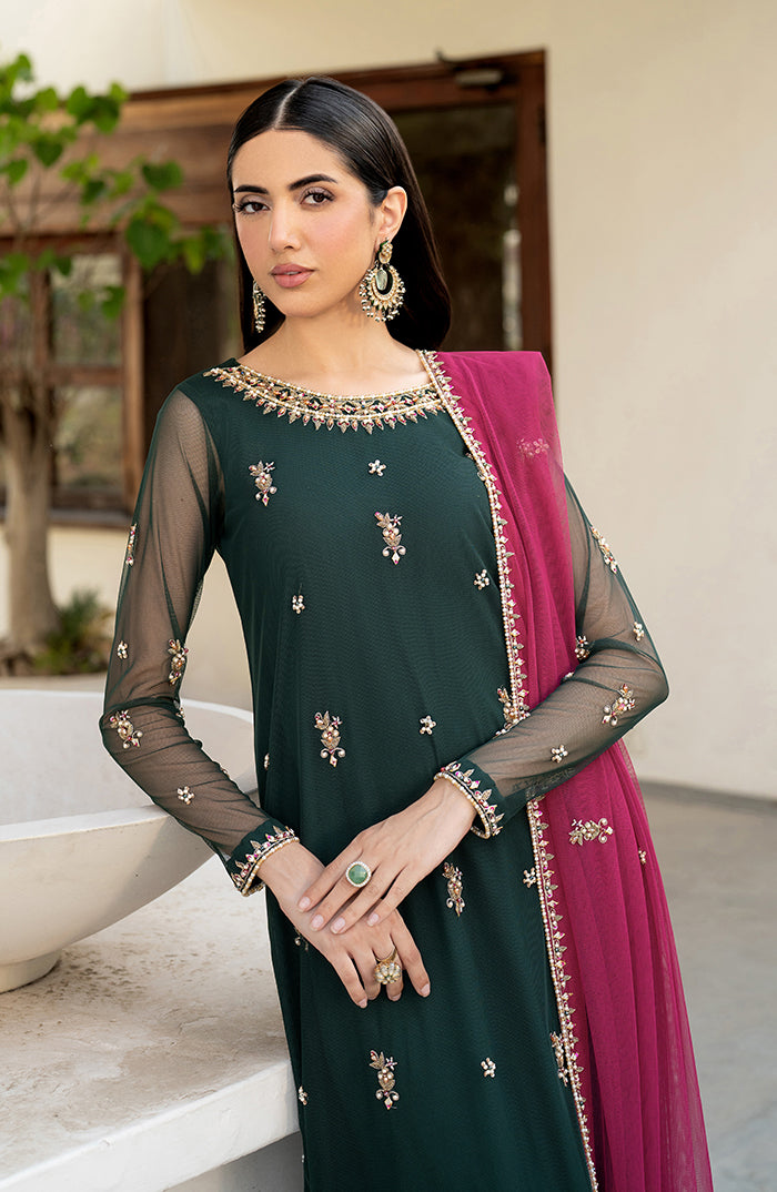 Deep Green Hand-Embellished Net Salwar Kameez (3-Piece) - Image 4