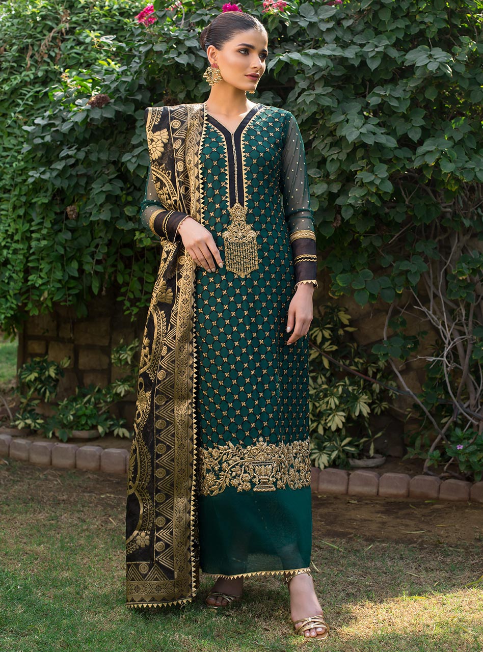 Emerald Green Embroidered Net Salwar Kameez (3-Piece) - Image 1