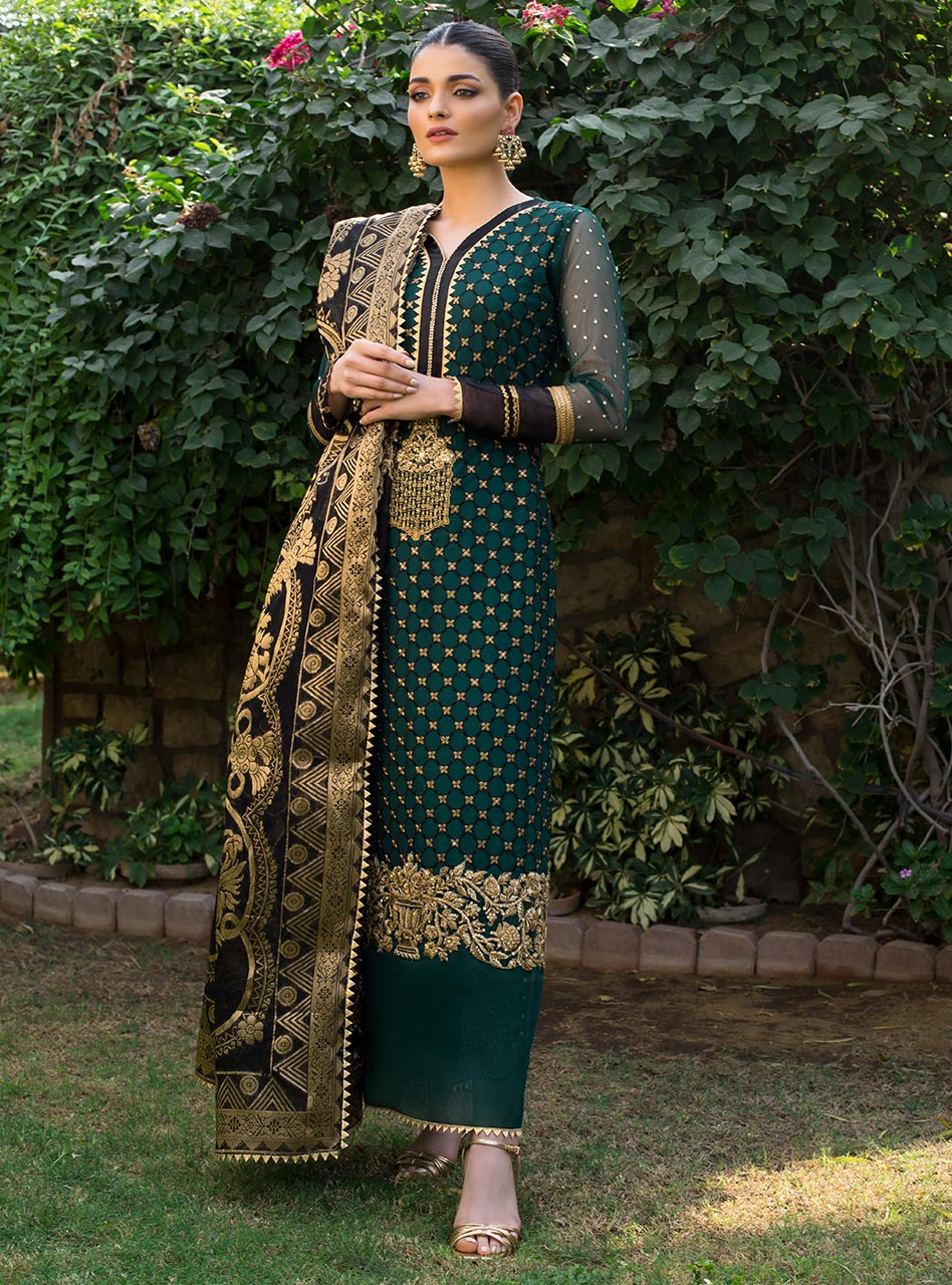 Emerald Green Embroidered Net Salwar Kameez (3-Piece) - Image 2