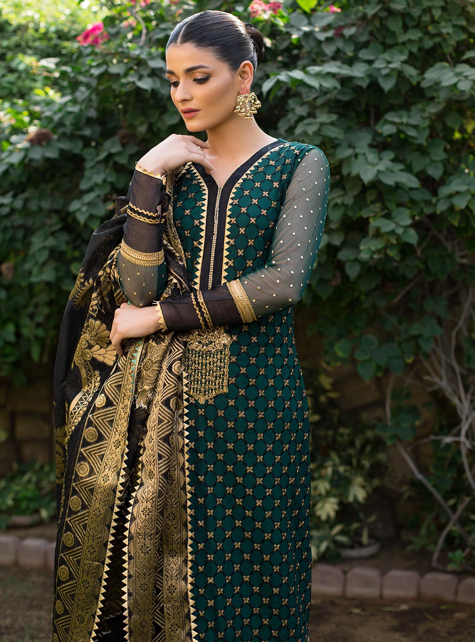 Emerald Green Embroidered Net Salwar Kameez (3-Piece) - Image 3