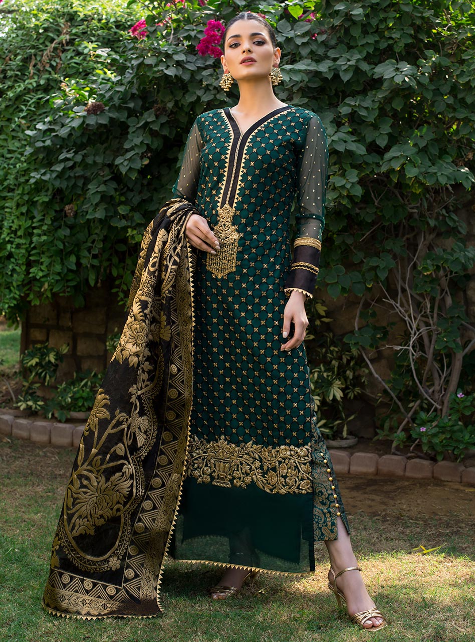 Emerald Green Embroidered Net Salwar Kameez (3-Piece) - Image 4