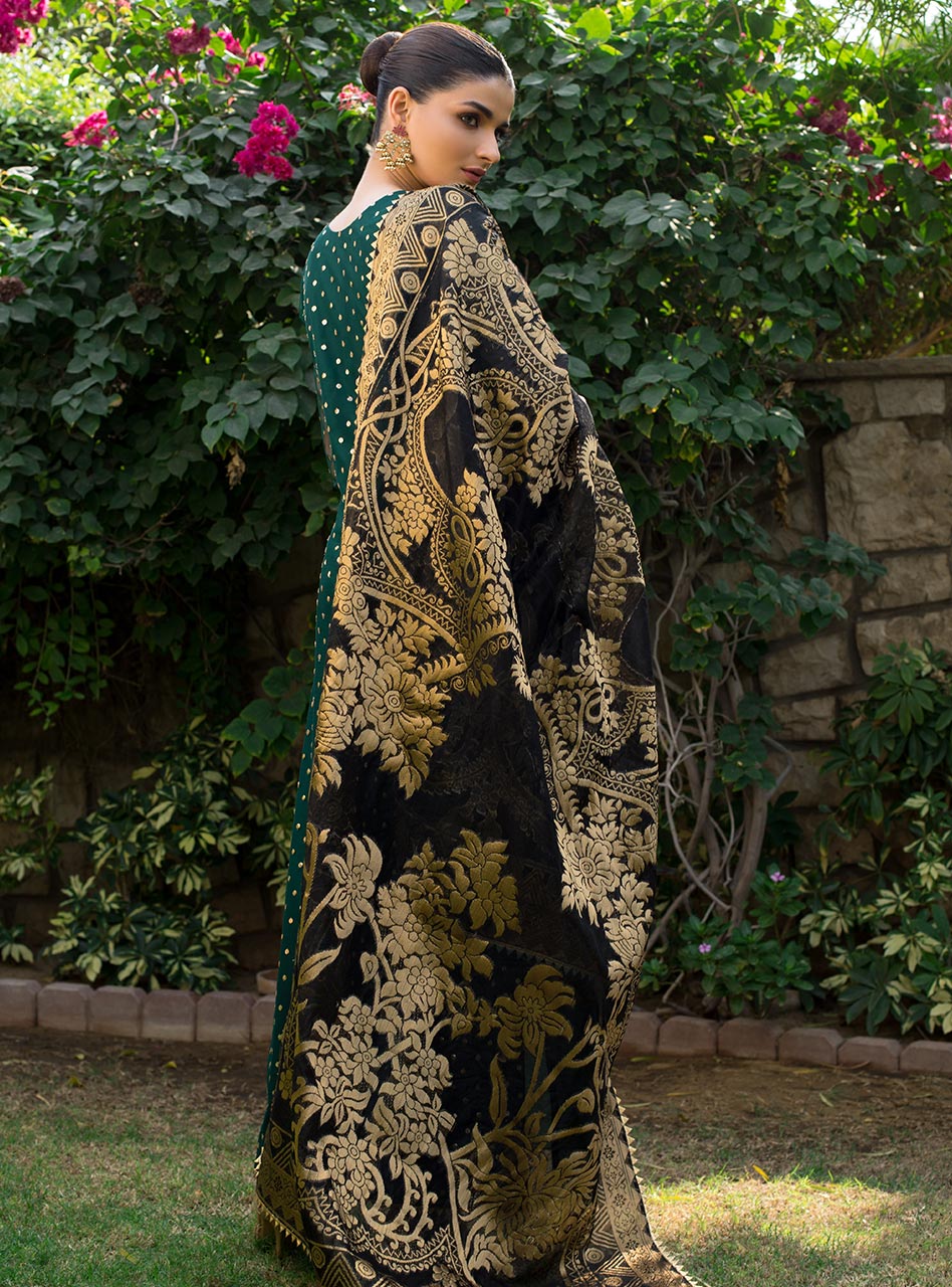 Emerald Green Embroidered Net Salwar Kameez (3-Piece) - Image 5