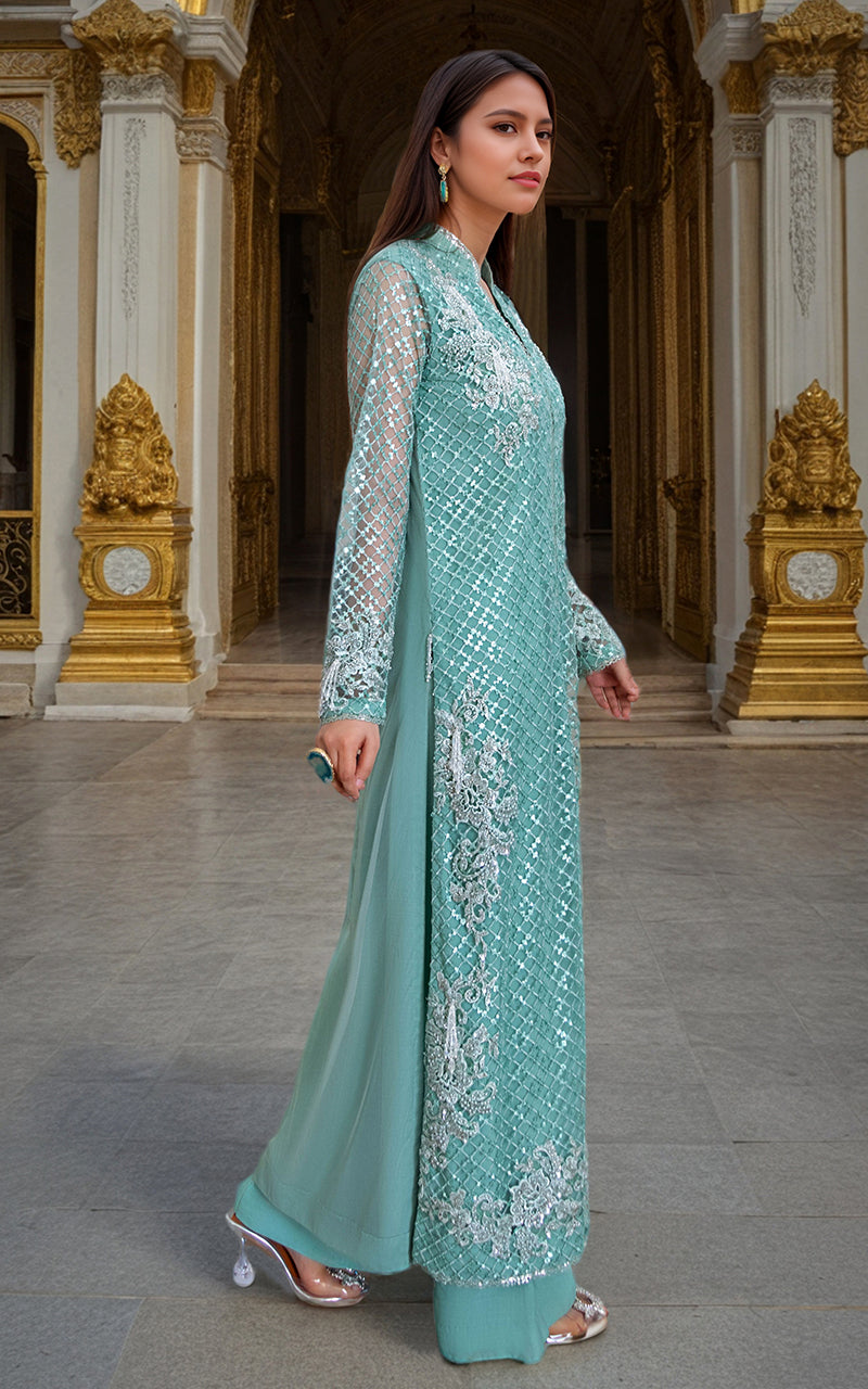 Pakistani Seafoam Embroidered Net Long Jacket with Trousers (2-Piece) - Image 1