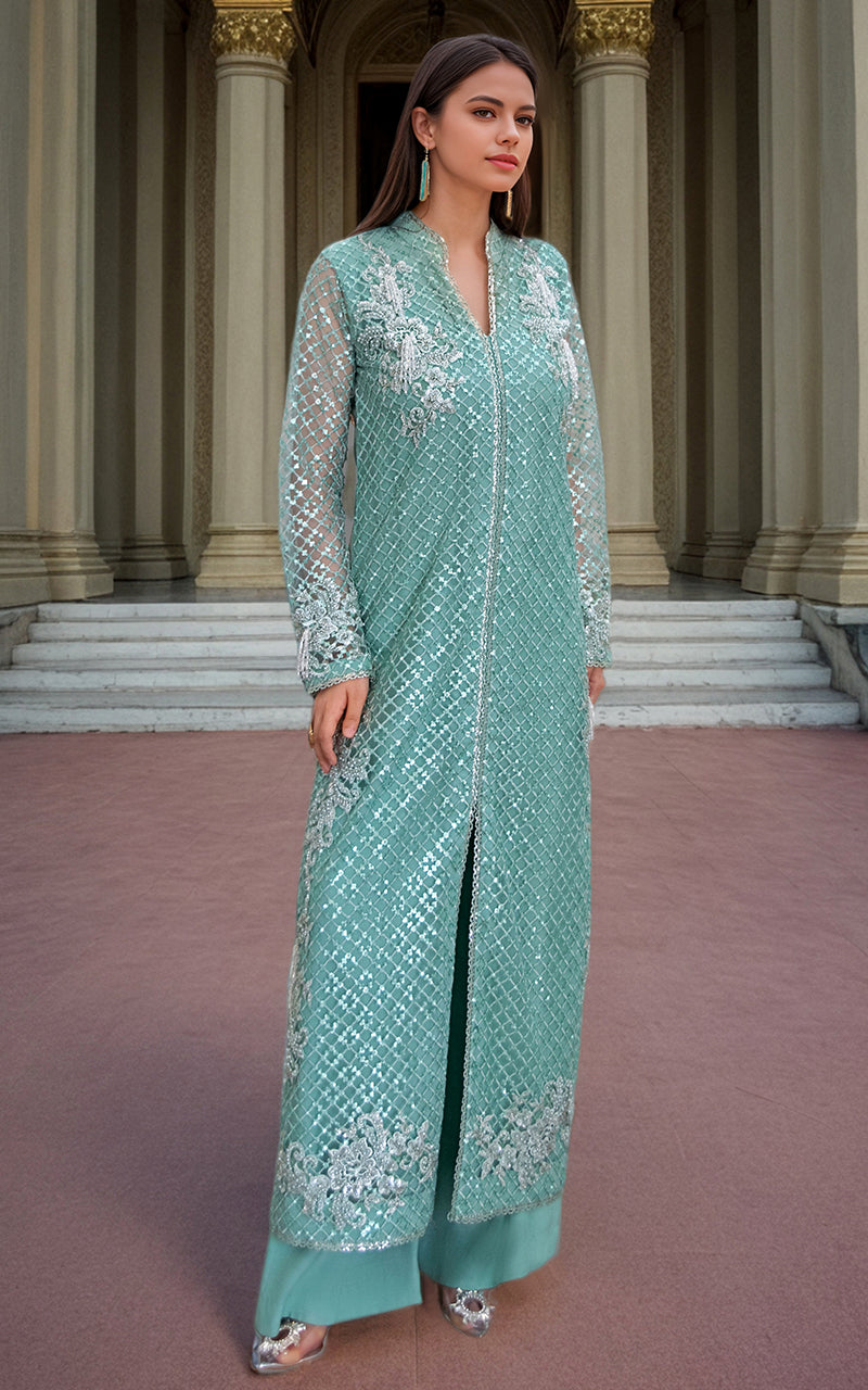 Pakistani Seafoam Embroidered Net Long Jacket with Trousers (2-Piece) - Image 3