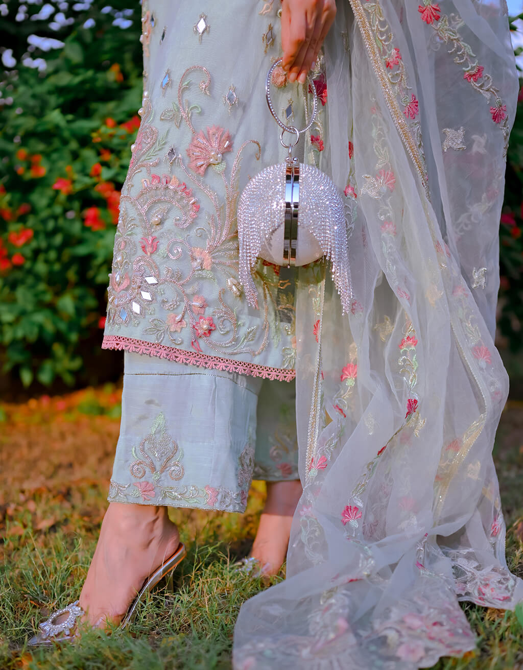 Mint Green Mirror Work Net Salwar Kameez (3-Piece) - Image 1