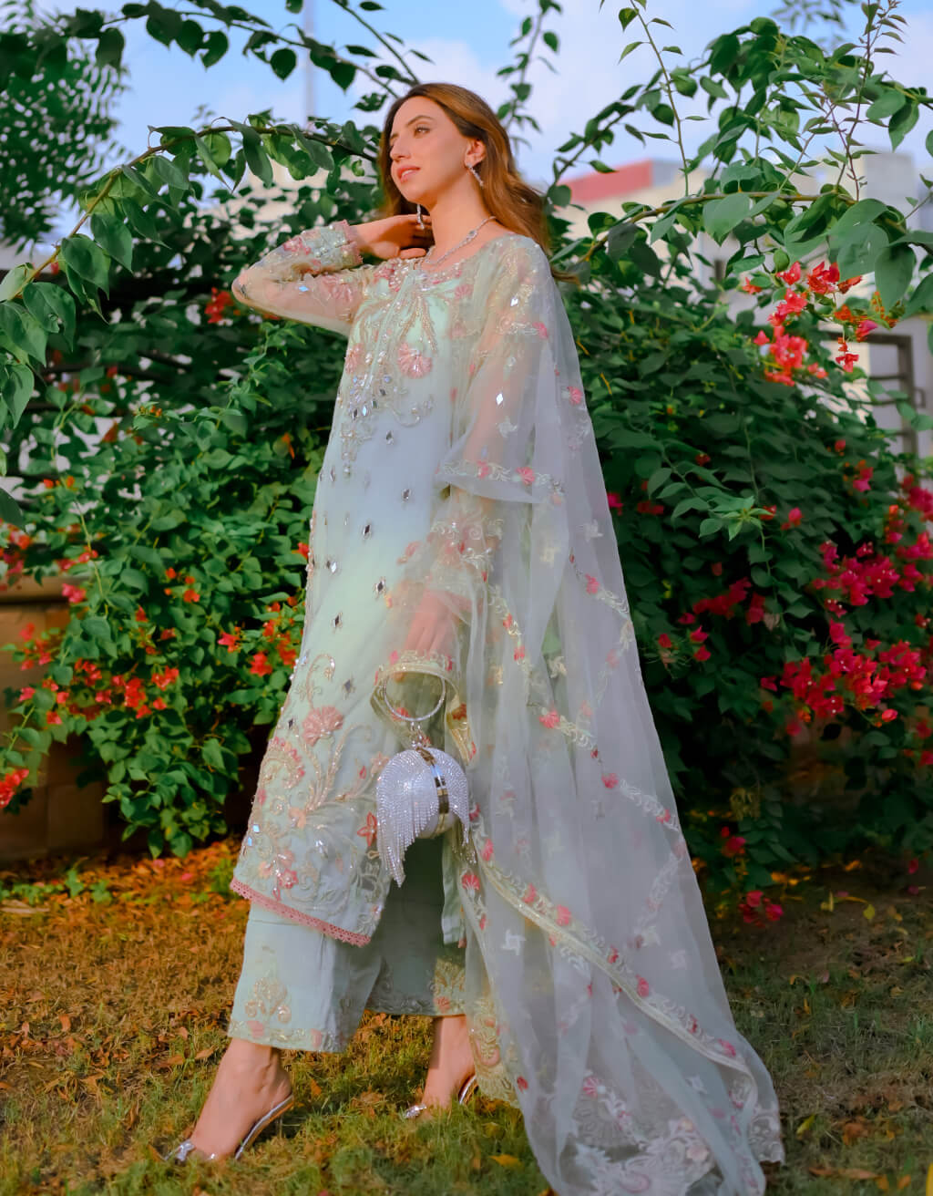 Mint Green Mirror Work Net Salwar Kameez (3-Piece) - Image 2