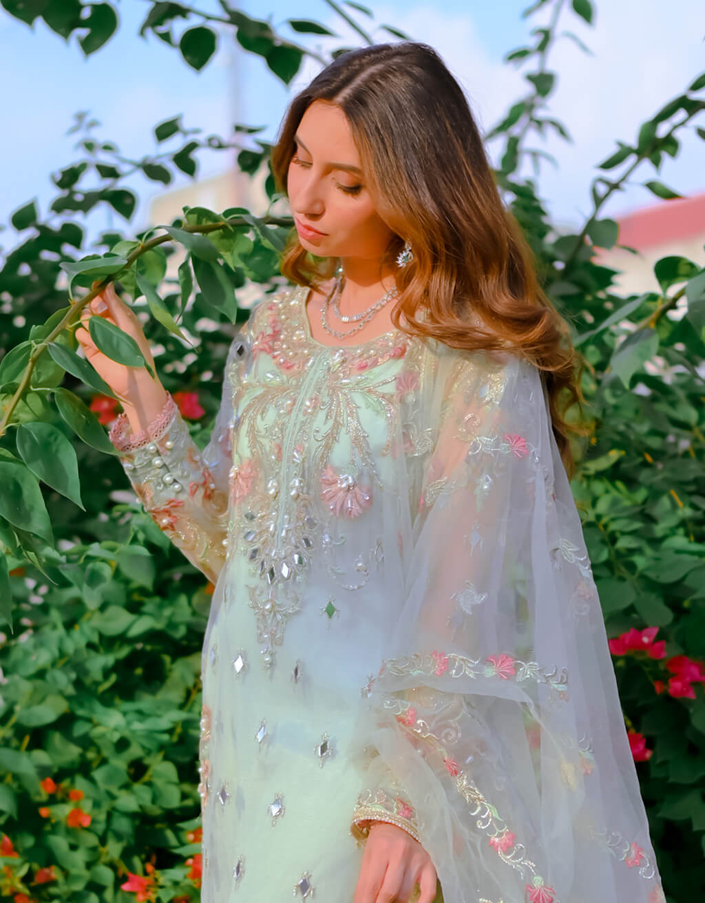 Mint Green Mirror Work Net Salwar Kameez (3-Piece) - Image 3