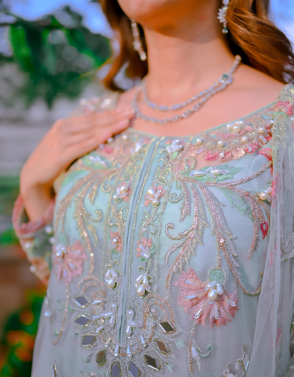 Mint Green Mirror Work Net Salwar Kameez (3-Piece) - Image 4