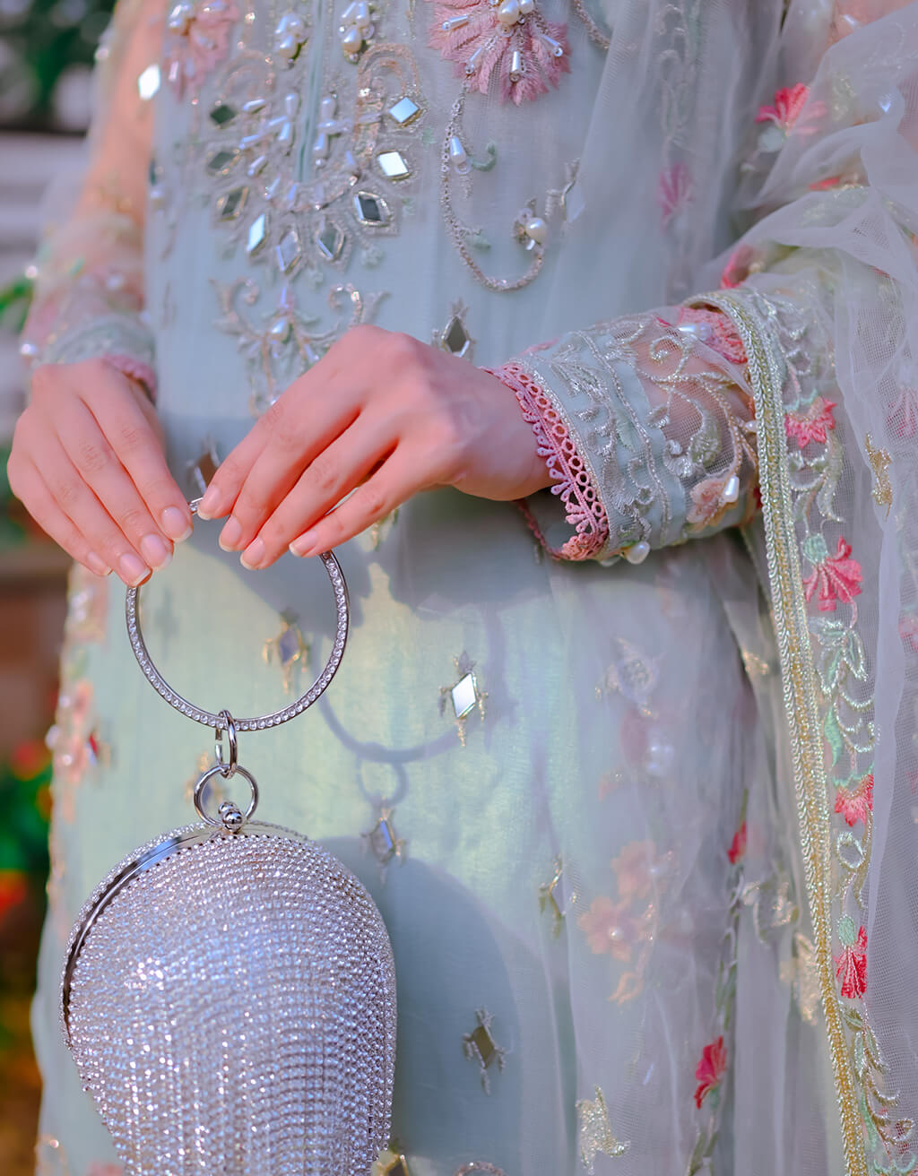 Mint Green Mirror Work Net Salwar Kameez (3-Piece) - Image 5