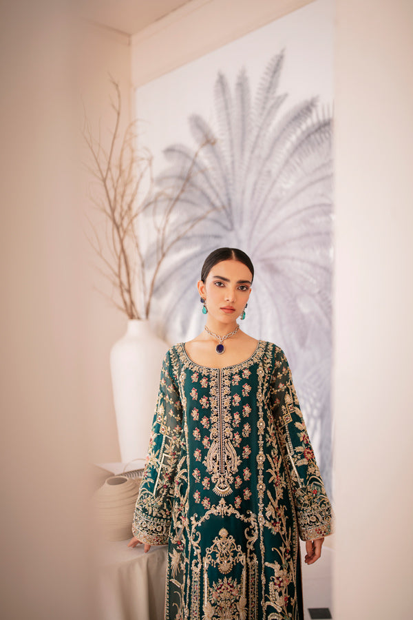 Royal Bluish Green Embroidered Net Organza Salwar Kameez (3-Piece) - Image 3