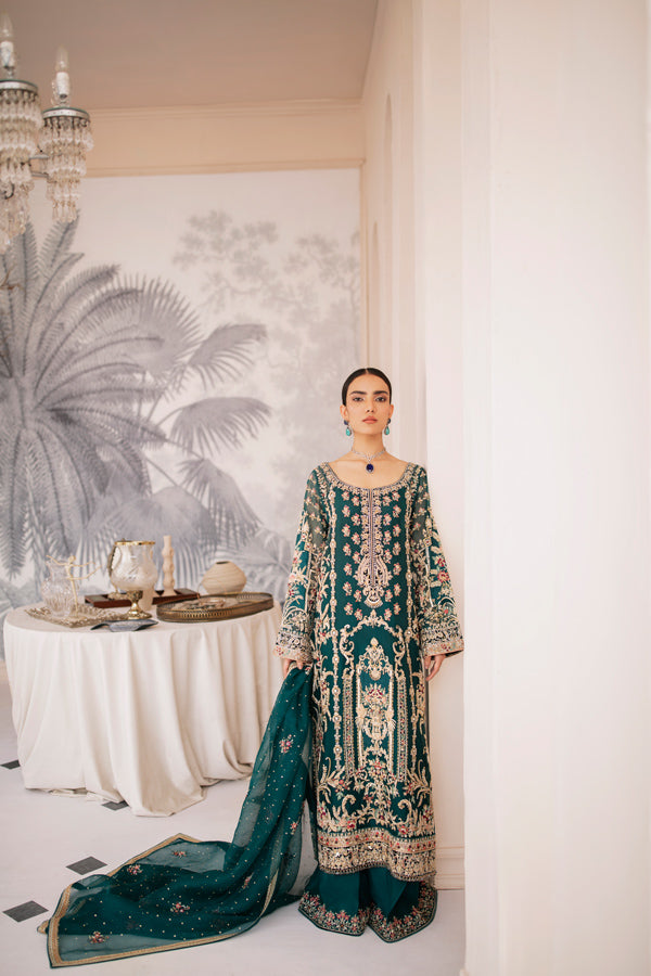 Royal Bluish Green Embroidered Net Organza Salwar Kameez (3-Piece) - Image 4