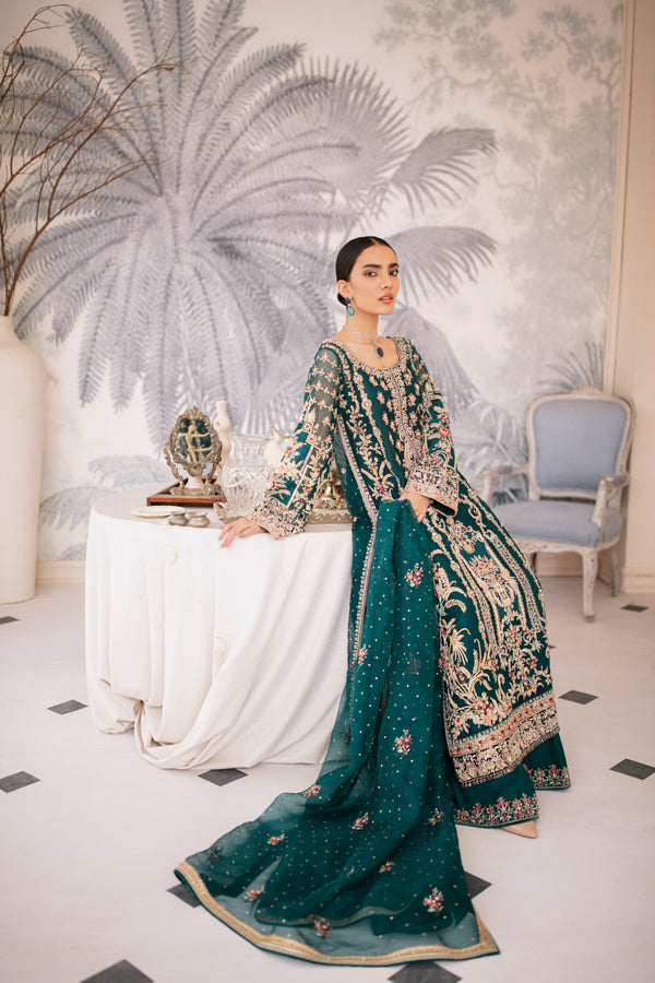 Royal Bluish Green Embroidered Net Organza Salwar Kameez (3-Piece) - Image 6