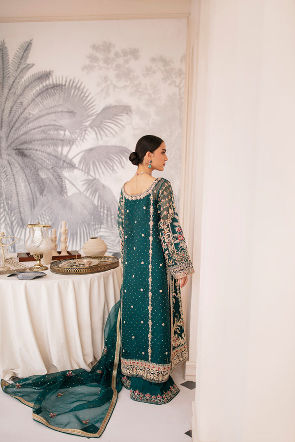 Royal Bluish Green Embroidered Net Organza Salwar Kameez (3-Piece) - Image 7