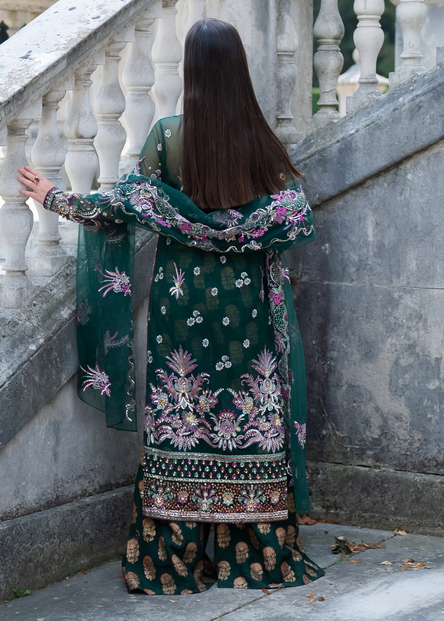 Pakistani Bottle Green Embellished Net & Raw Silk Salwar Kameez (3-Piece) - Image 2