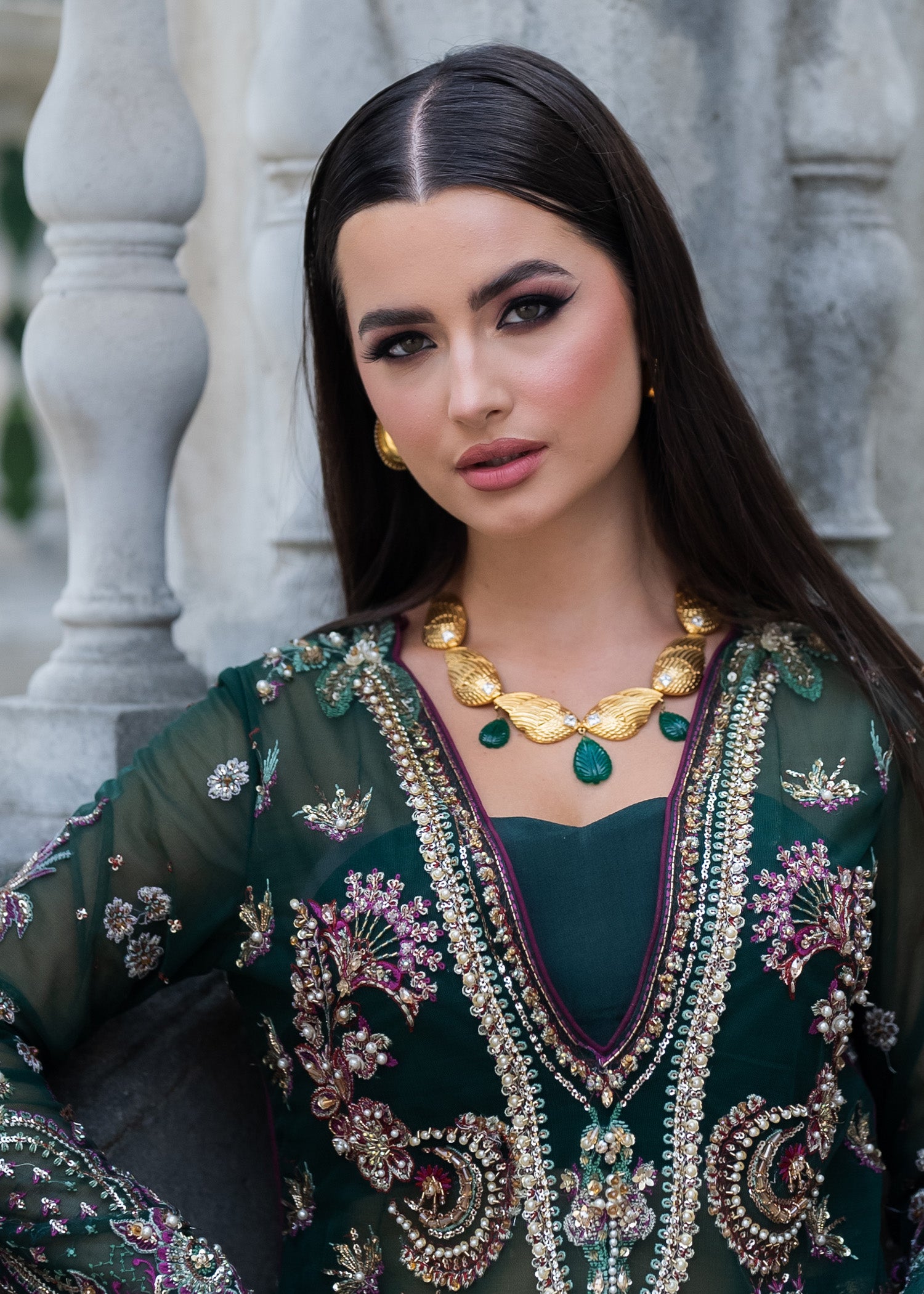 Pakistani Bottle Green Embellished Net & Raw Silk Salwar Kameez (3-Piece) - Image 4