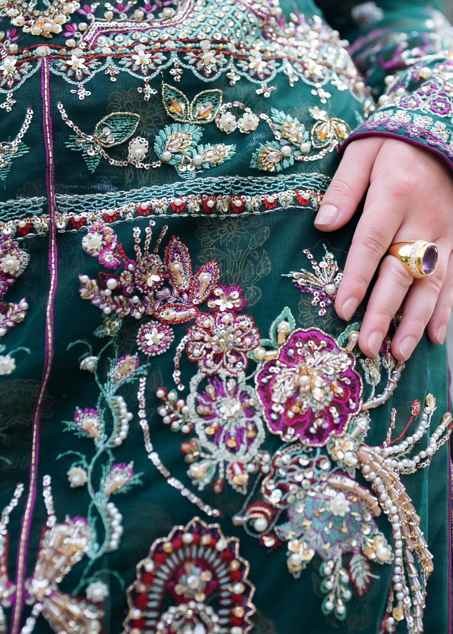 Pakistani Bottle Green Embellished Net & Raw Silk Salwar Kameez (3-Piece) - Image 5