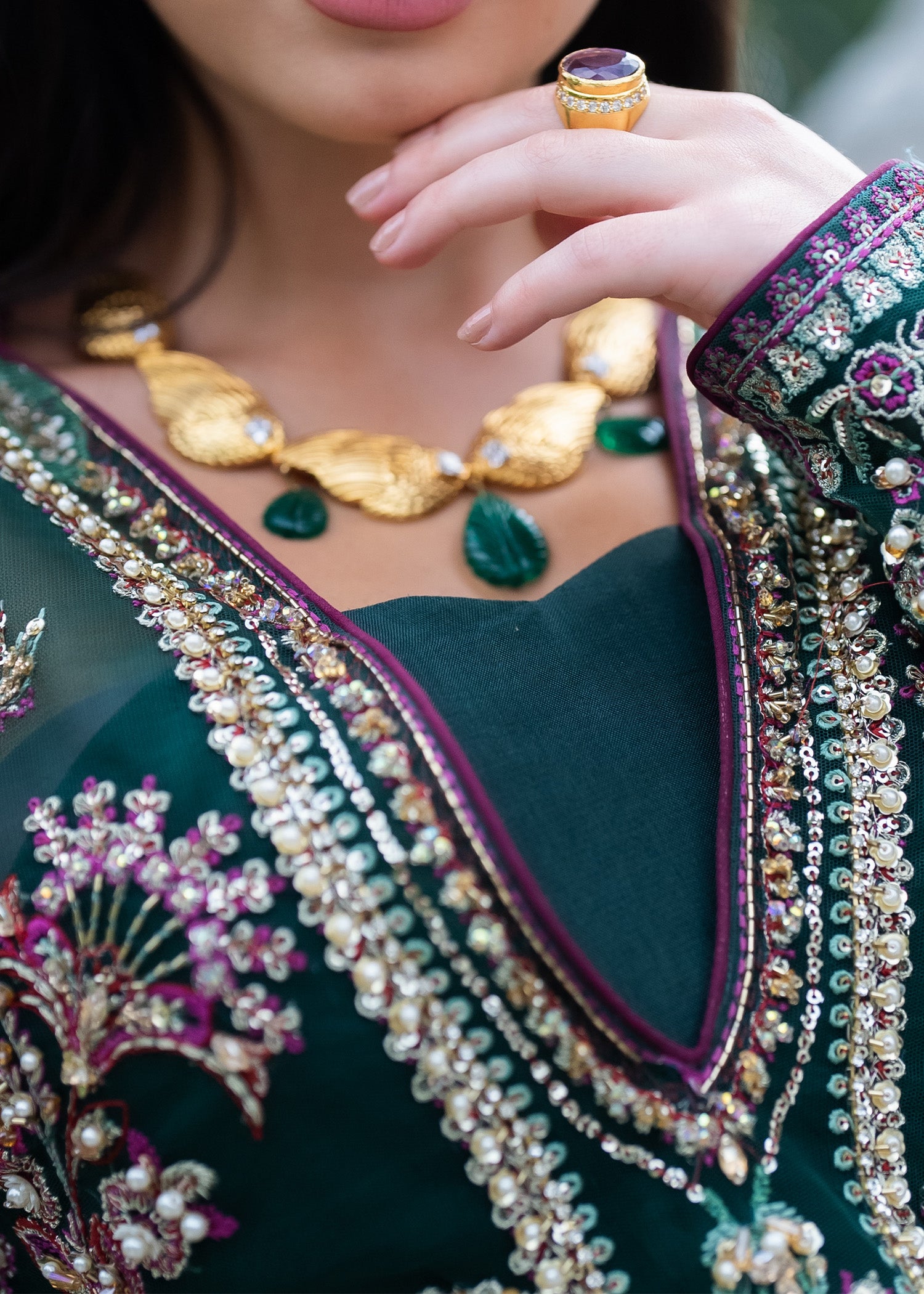 Pakistani Bottle Green Embellished Net & Raw Silk Salwar Kameez (3-Piece) - Image 6