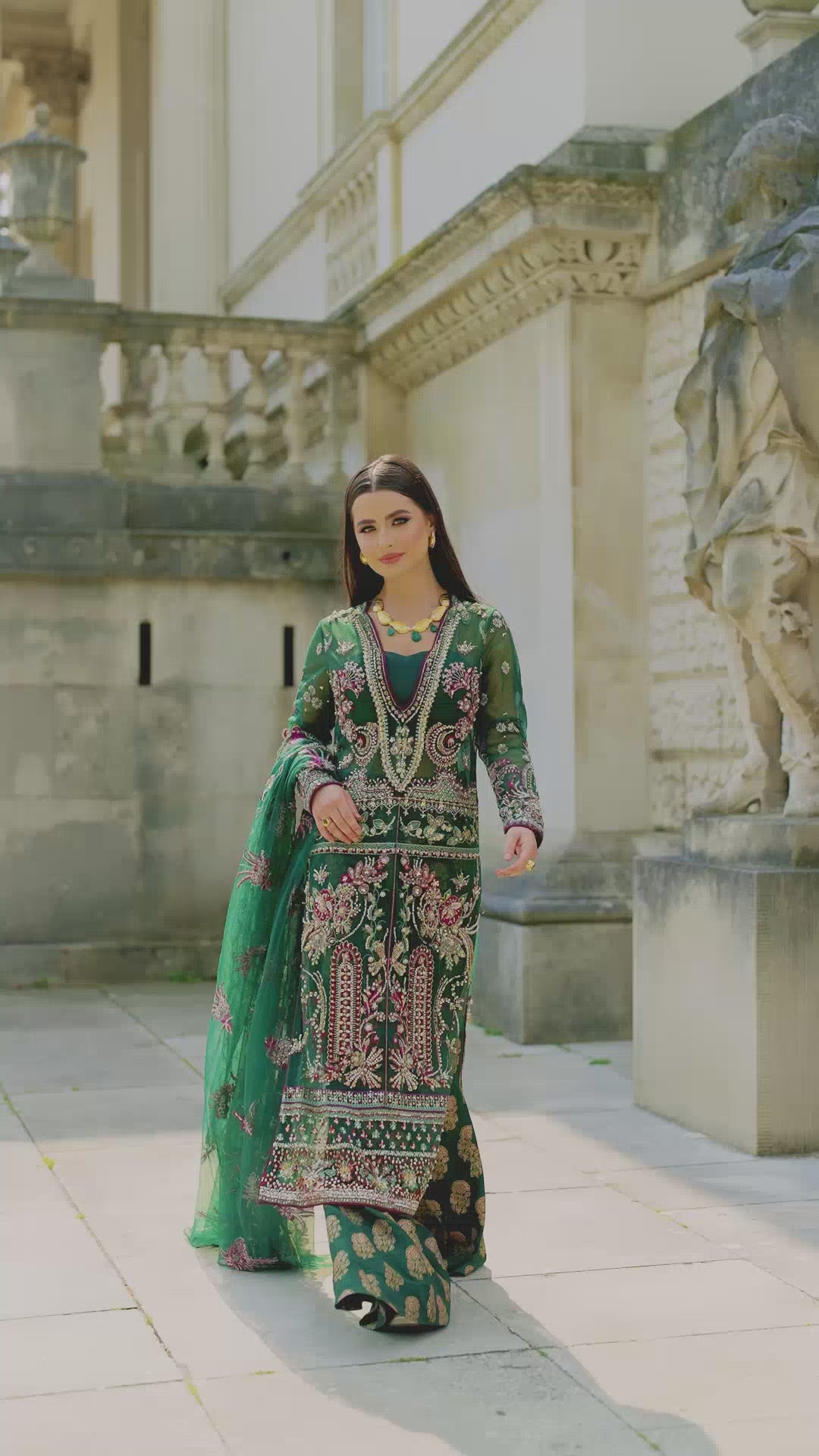 Pakistani Bottle Green Embellished Net & Raw Silk Salwar Kameez (3-Piece) - Image 7