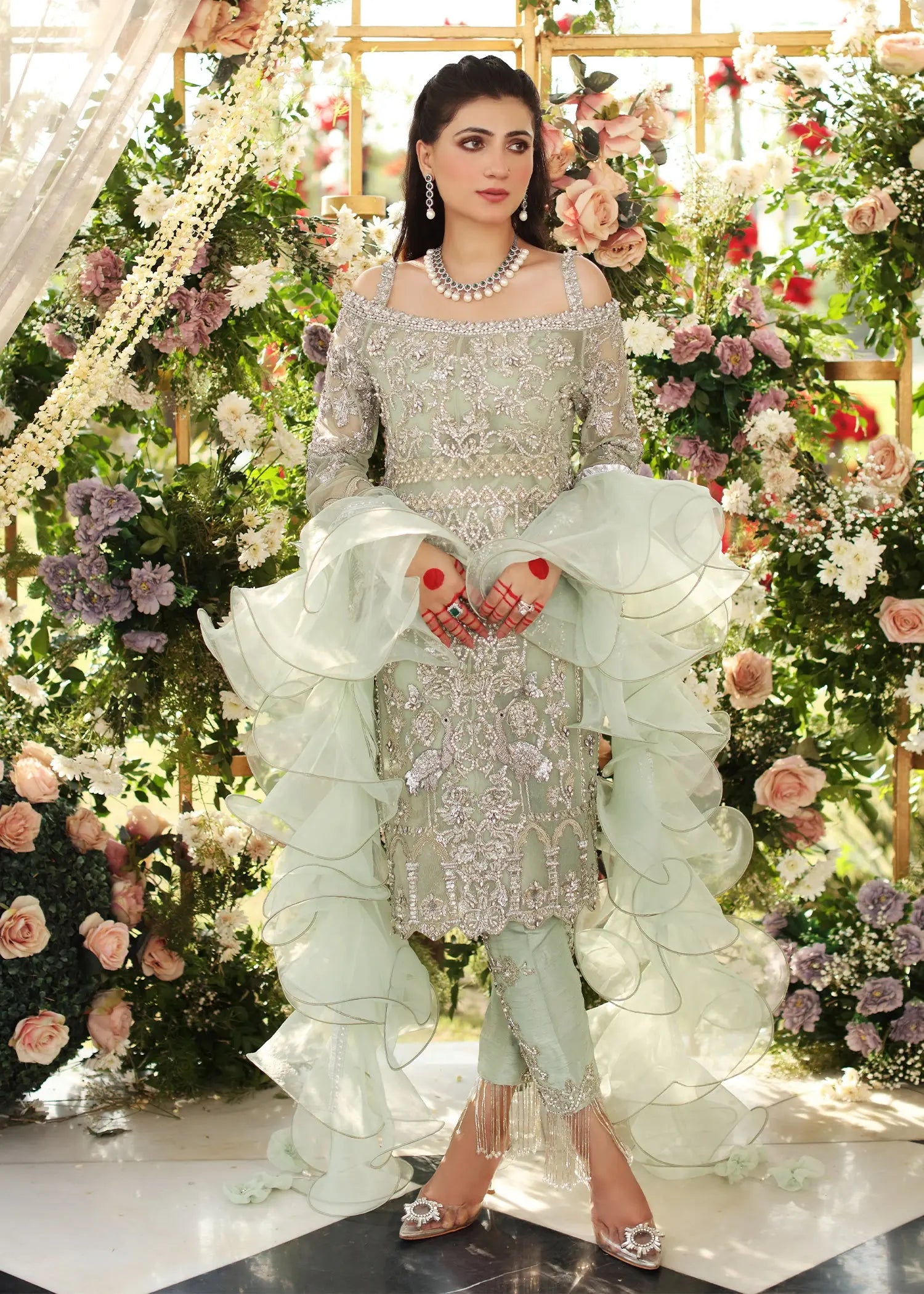 Mint Green Embellished Net & Silk Salwar Kameez (3-Piece) - Image 1