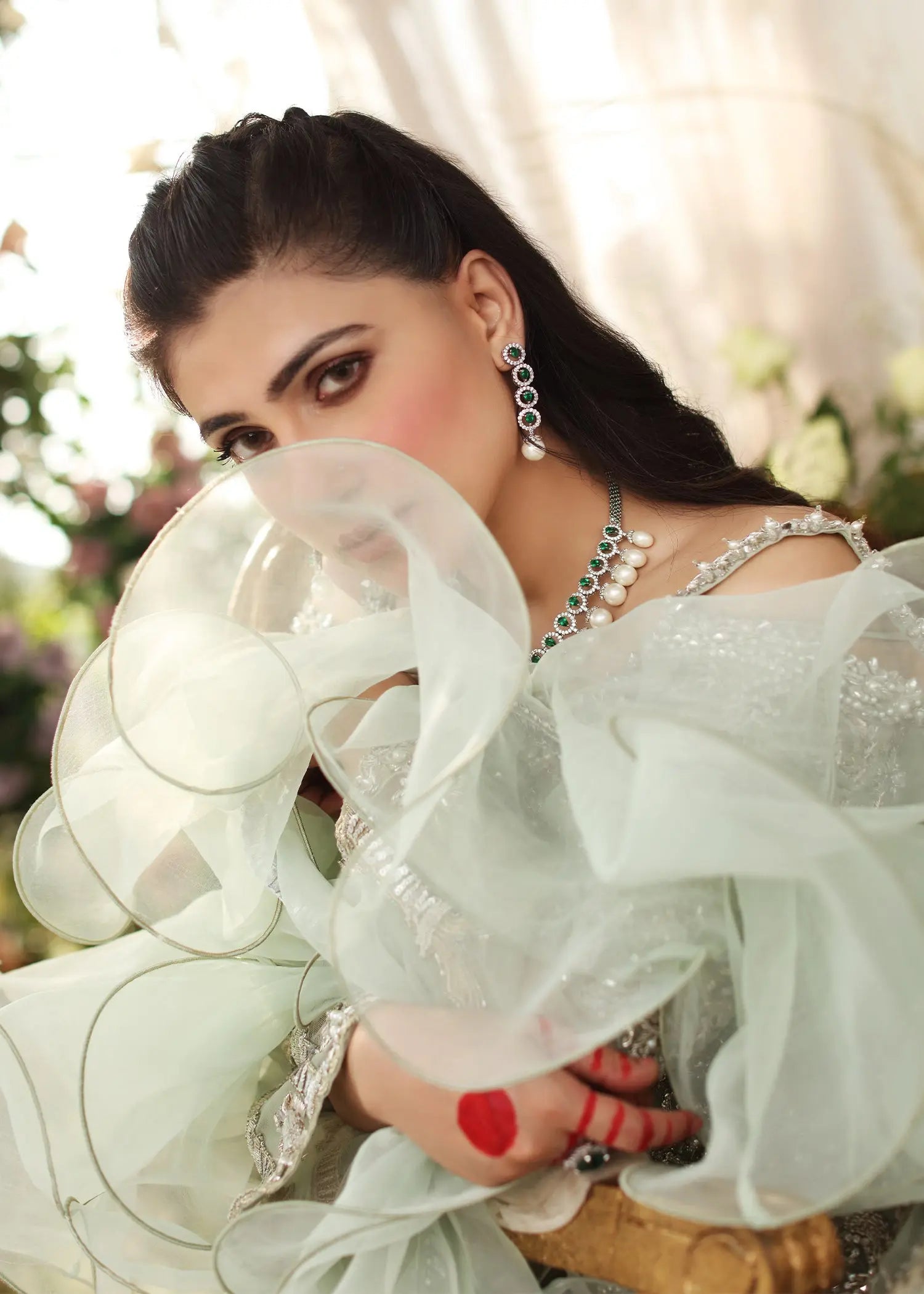 Mint Green Embellished Net & Silk Salwar Kameez (3-Piece) - Image 2