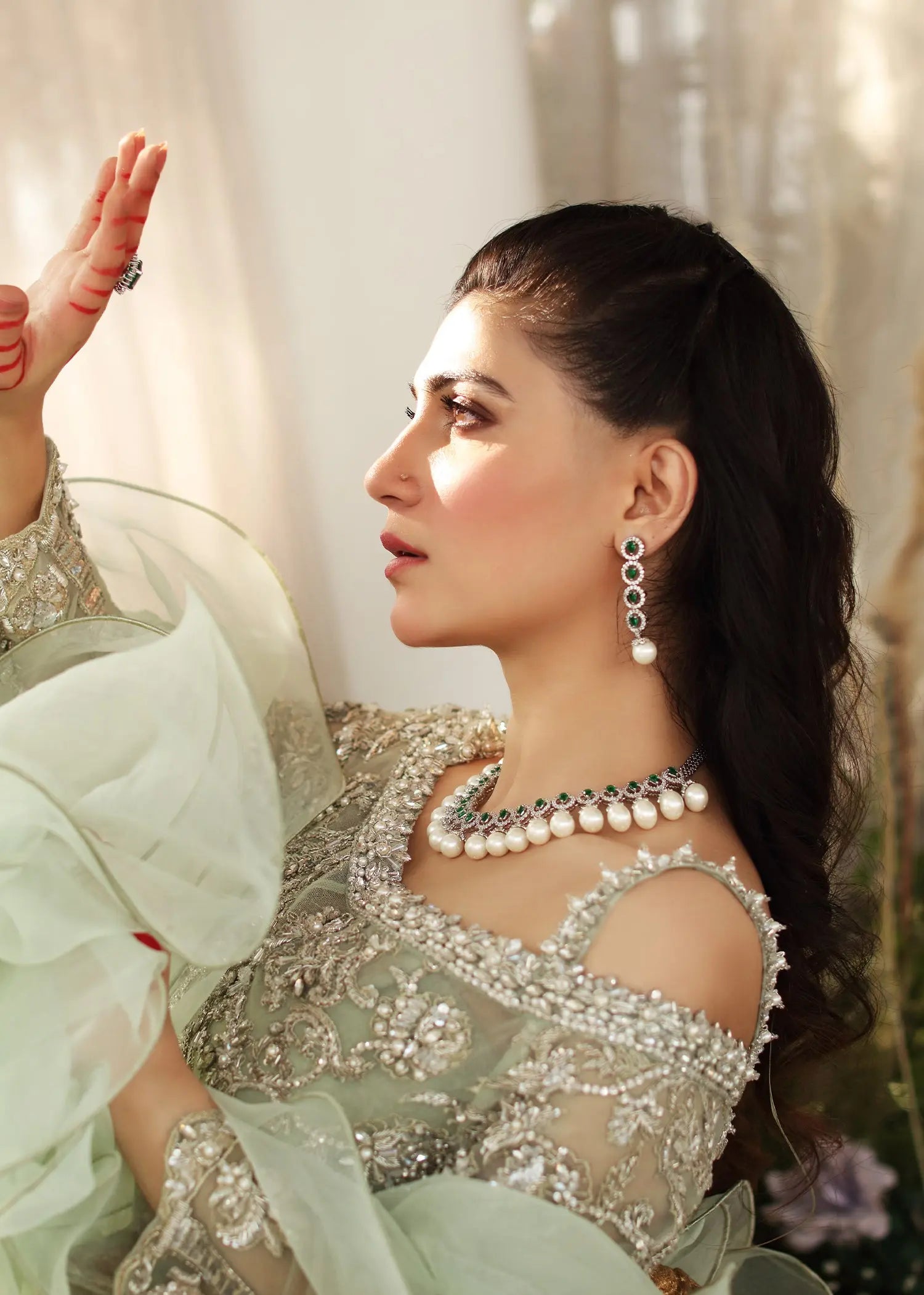 Mint Green Embellished Net & Silk Salwar Kameez (3-Piece) - Image 4