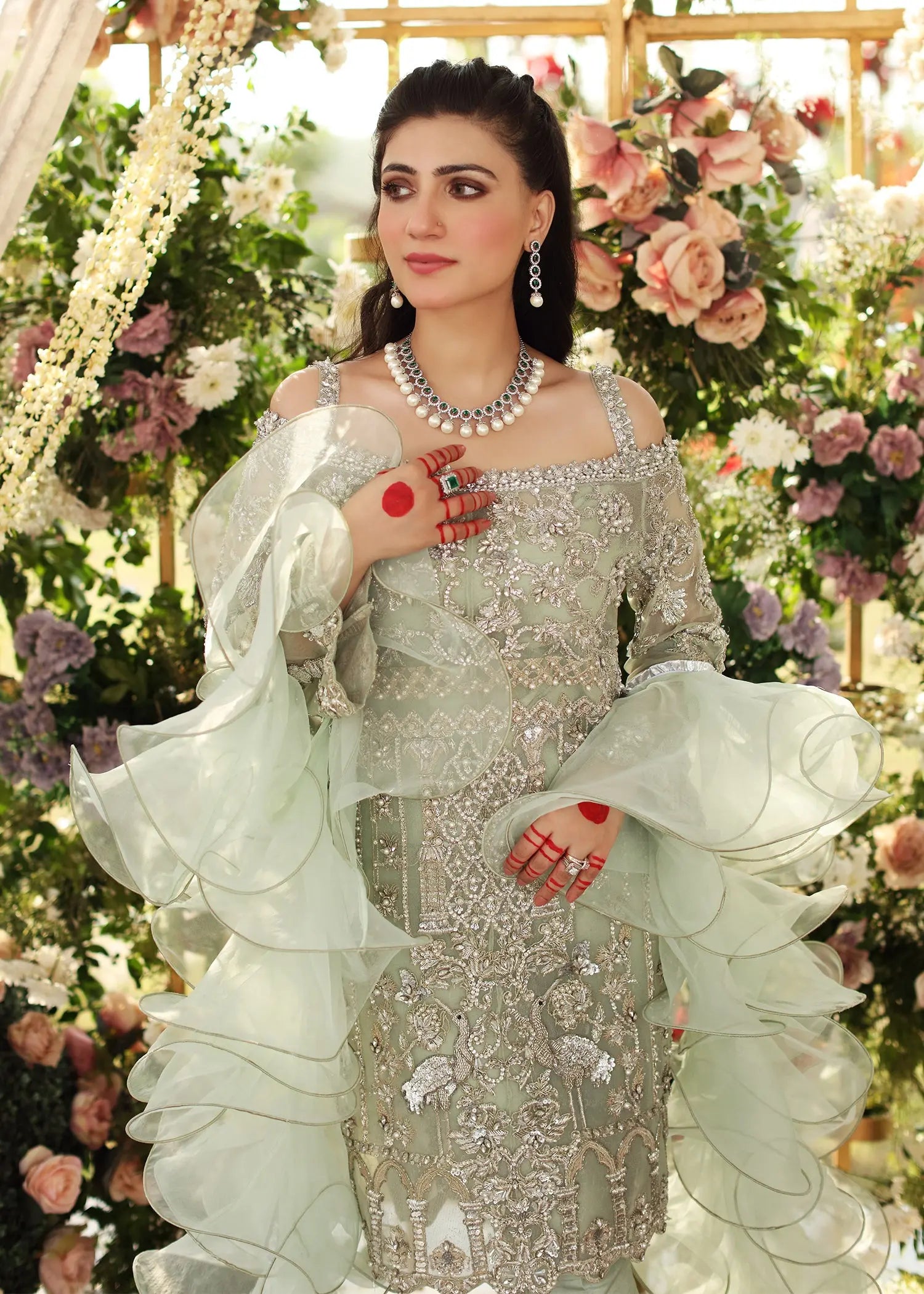 Mint Green Embellished Net & Silk Salwar Kameez (3-Piece) - Image 6